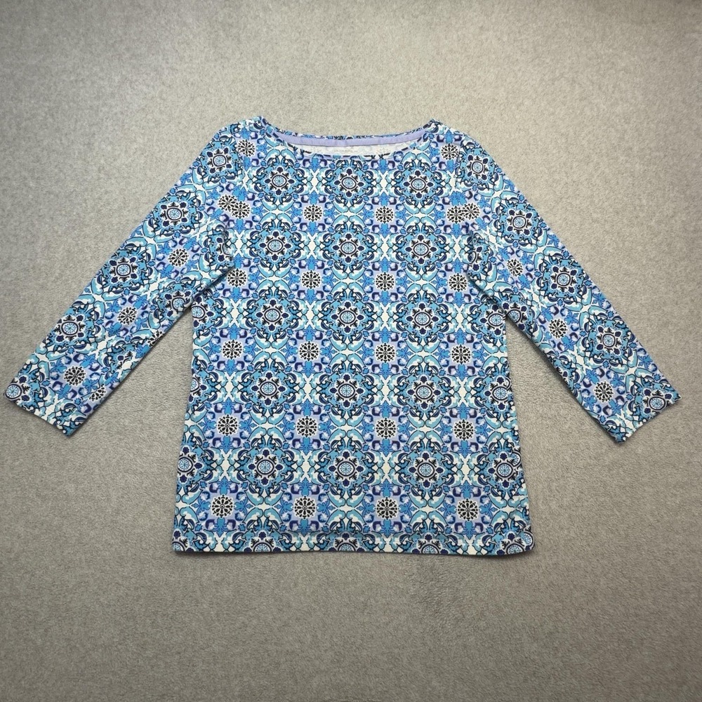 Talbots Tee Shirt Womens Medium Blue Geometric 3/4 Sleeve Boat Neck Stretch